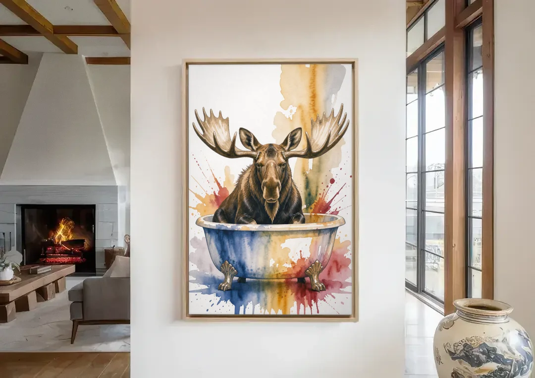 Humorous Bathroom Art Moose with Antlers Over the Tub canvas wall art in a living room with a fireplace