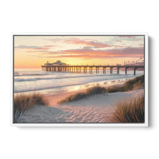 Huntington Beach Coastal Vibes - White Framed Canvas Wall Art - Front