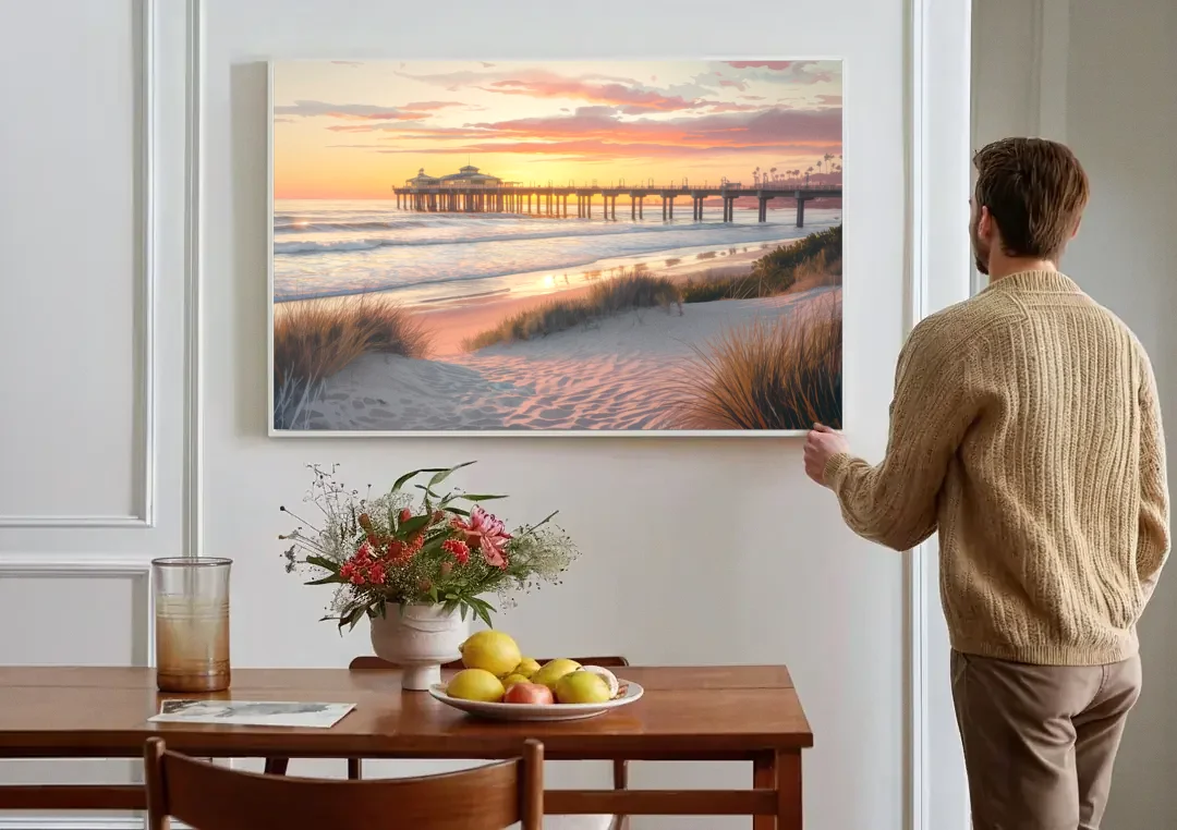 Huntington Beach Coastal Vibes canvas wall art above a dining table