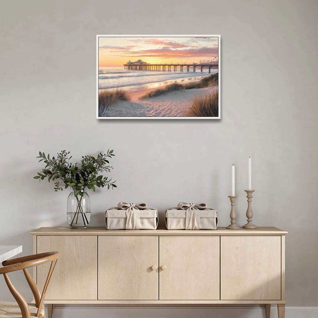 Huntington Beach Coastal Vibes - White Framed Canvas Wall Art - Coffee Table - 36x24