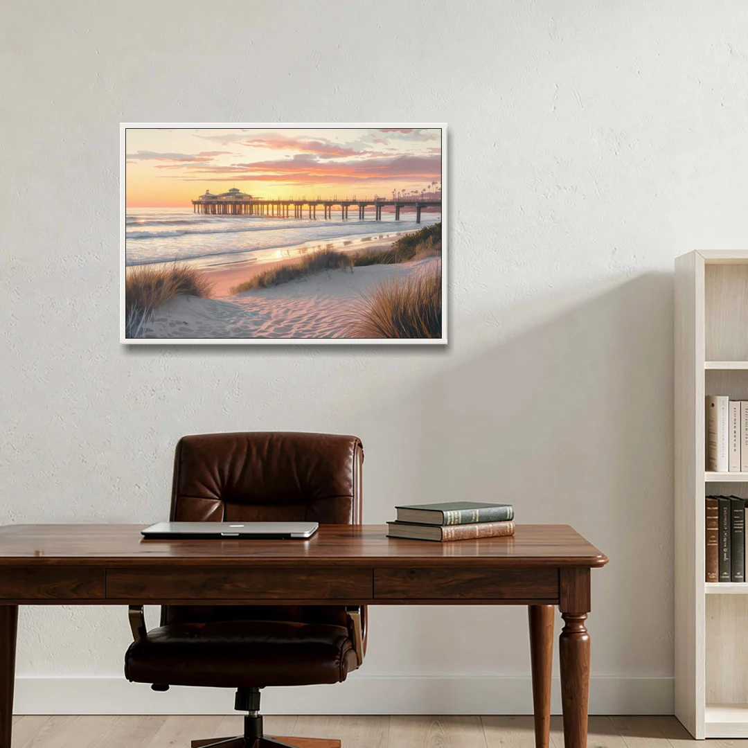 Huntington Beach Coastal Vibes - White Framed Canvas Wall Art - Office - 36x24