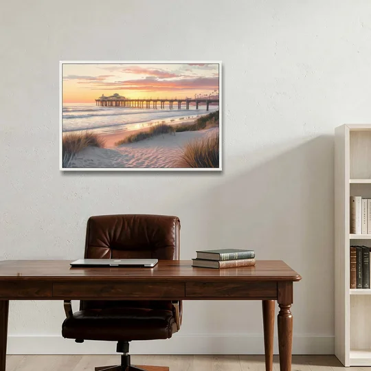Huntington Beach Coastal Vibes - White Framed Canvas Wall Art - Office - 36x24
