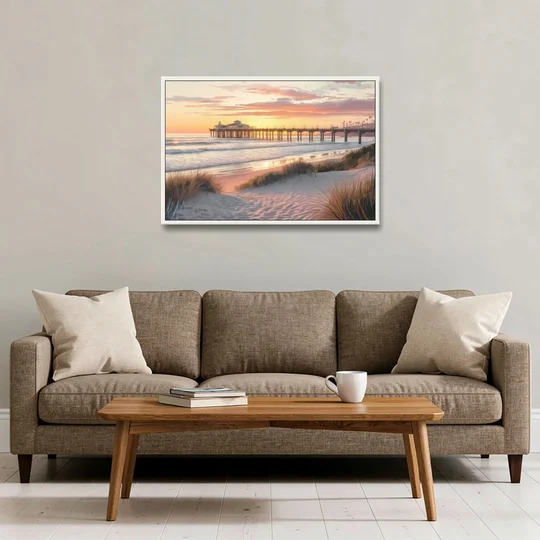 Huntington Beach Coastal Vibes - White Framed Canvas Wall Art - Sofa - 36x24