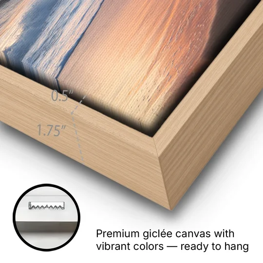 Huntington Beach Golden Hour - Oak Framed Canvas Wall Art - Gallery Wrap Corner