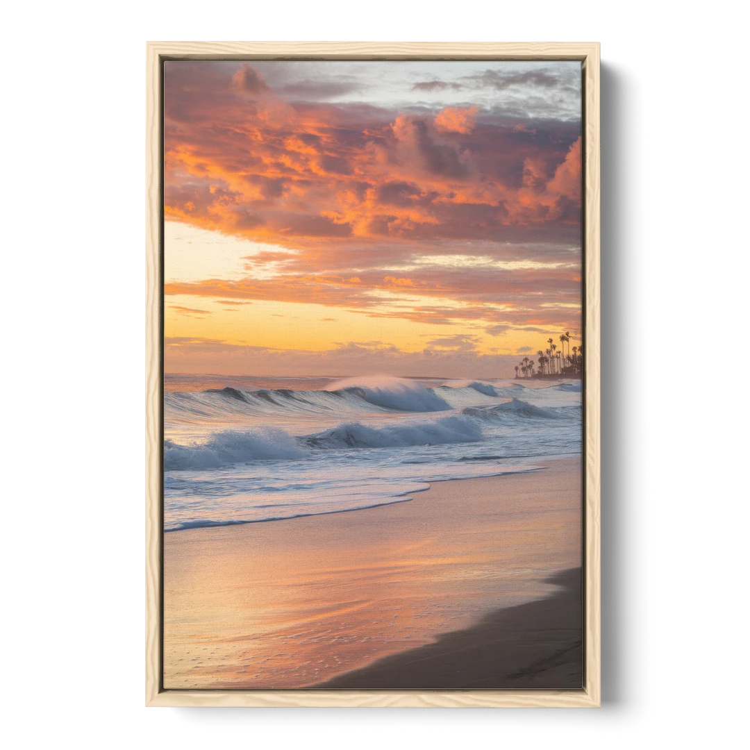 Huntington Beach Golden Hour - Oak Framed Canvas Wall Art - Front