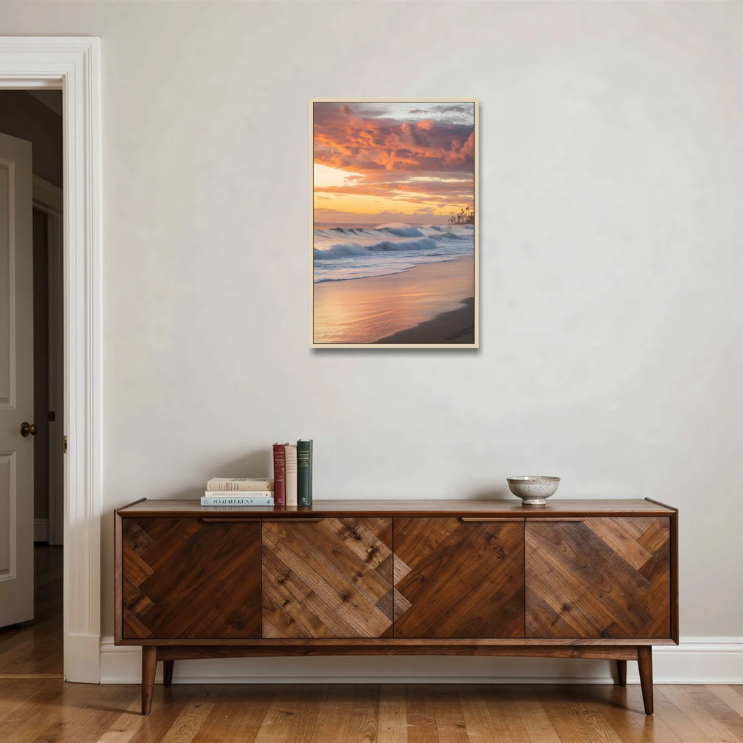Huntington Beach Golden Hour - Oak Framed Canvas Wall Art - Coffee Table - 24x36