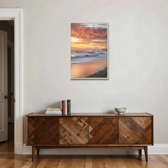 Huntington Beach Golden Hour - Oak Framed Canvas Wall Art - Coffee Table - 24x36