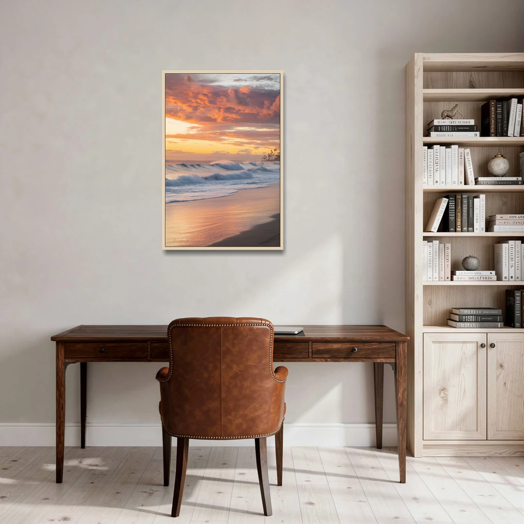 Huntington Beach Golden Hour - Oak Framed Canvas Wall Art - Office - 24x36