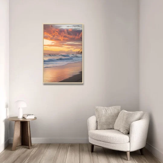 Huntington Beach Golden Hour - Oak Framed Canvas Wall Art - Sofa - 24x36