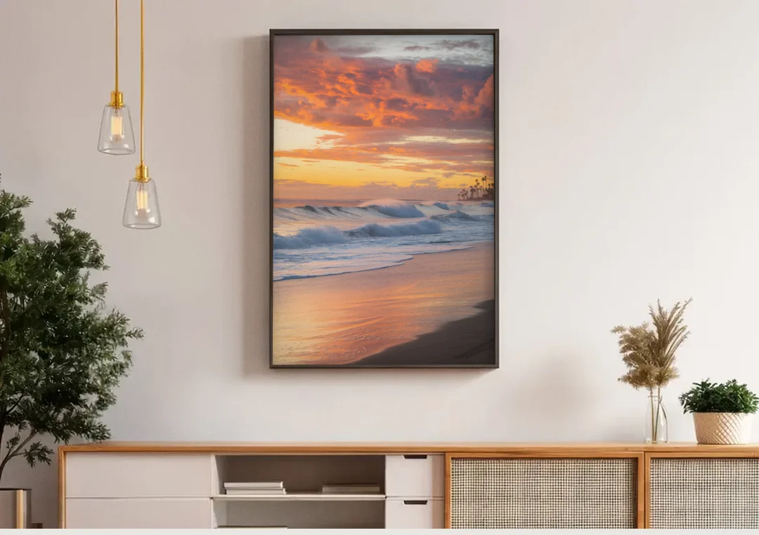 Huntington Beach Golden Hour canvas wall art above a wooden sideboard under pendant lights
