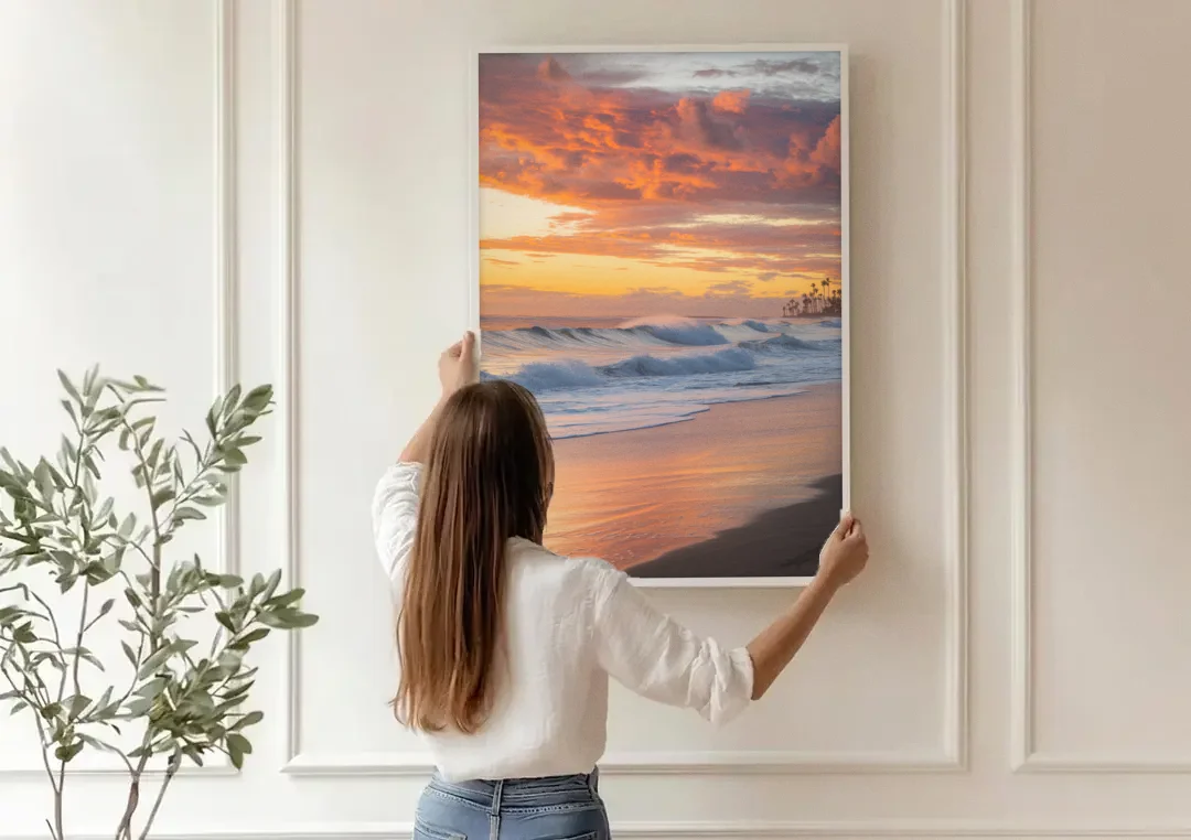 Huntington Beach Golden Hour canvas wall art being hung on a paneled wall