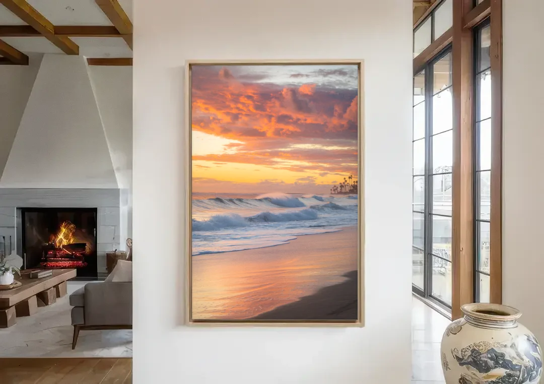 Huntington Beach Golden Hour canvas wall art in a living room with a fireplace
