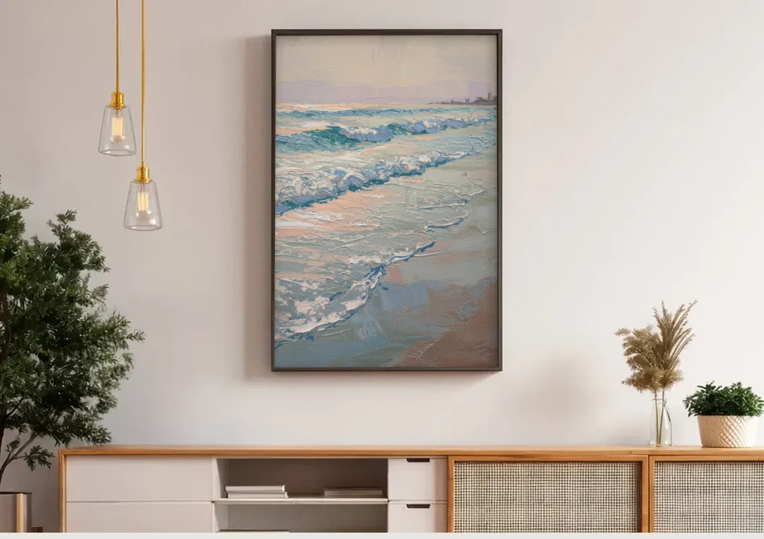 Huntington Beach Ocean Waves canvas wall art above a wooden sideboard under pendant lights
