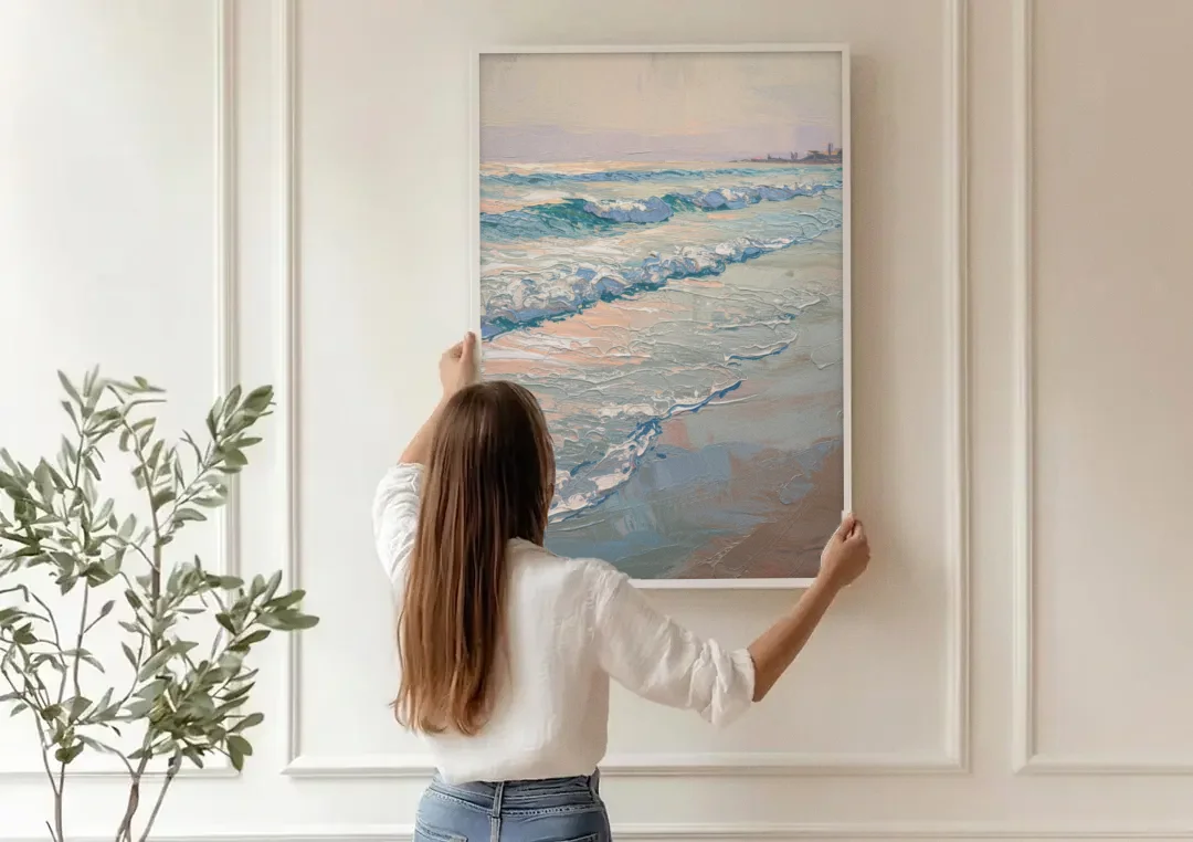 Huntington Beach Ocean Waves canvas wall art being hung on a paneled wall