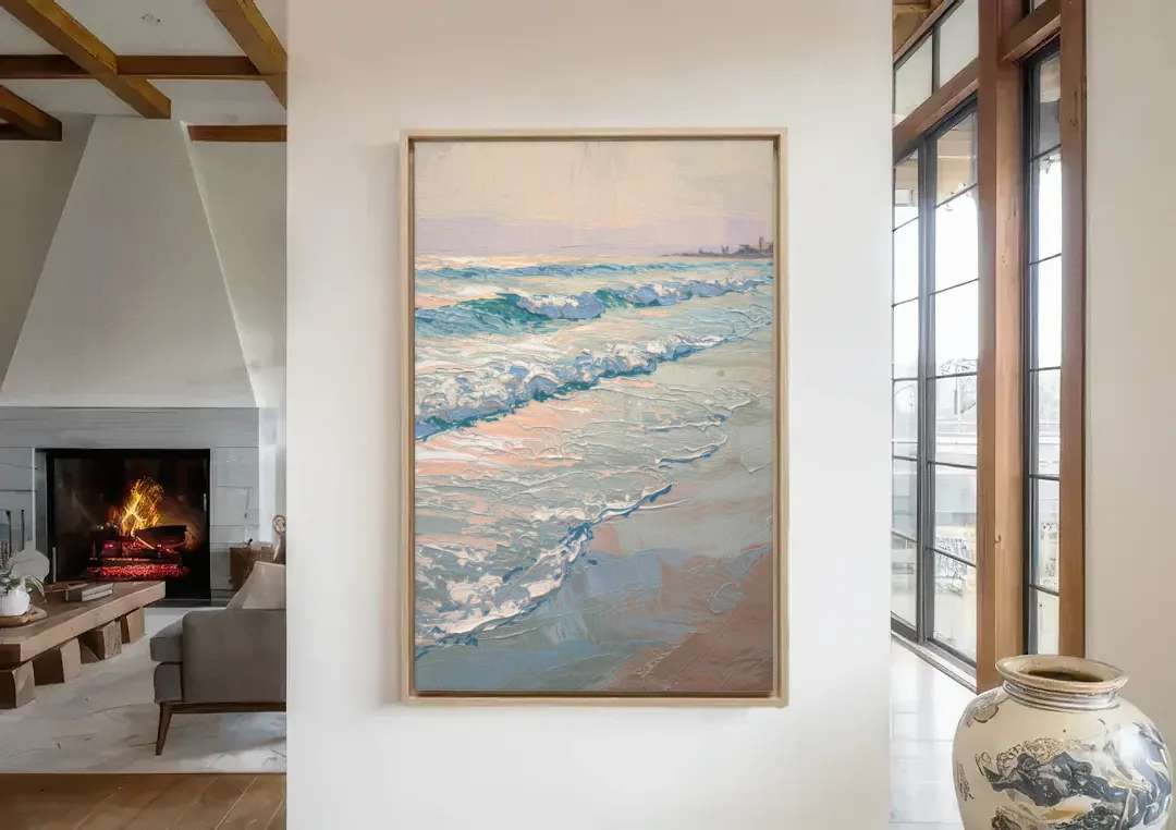 Huntington Beach Ocean Waves canvas wall art in a living room with a fireplace