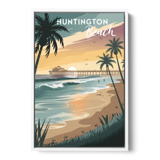 Huntington Beach Pacific Coast - White Framed Canvas Wall Art - Front