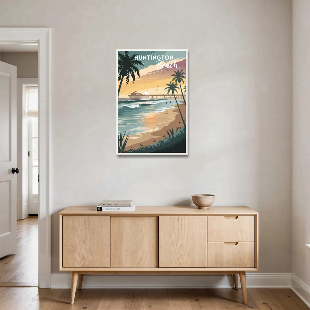 Huntington Beach Pacific Coast - White Framed Canvas Wall Art - Coffee Table - 24x36