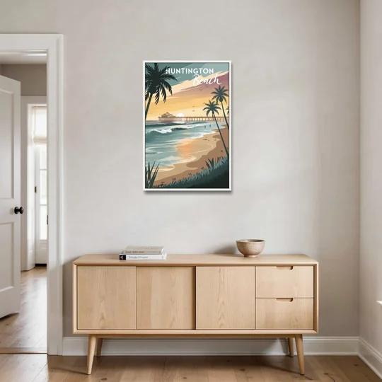Huntington Beach Pacific Coast - White Framed Canvas Wall Art - Coffee Table - 24x36