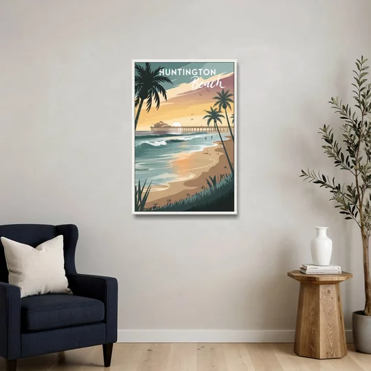 Huntington Beach Pacific Coast - White Framed Canvas Wall Art - Sofa - 24x36