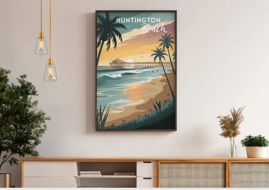 Huntington Beach Pacific Coast canvas wall art above a wooden sideboard under pendant lights