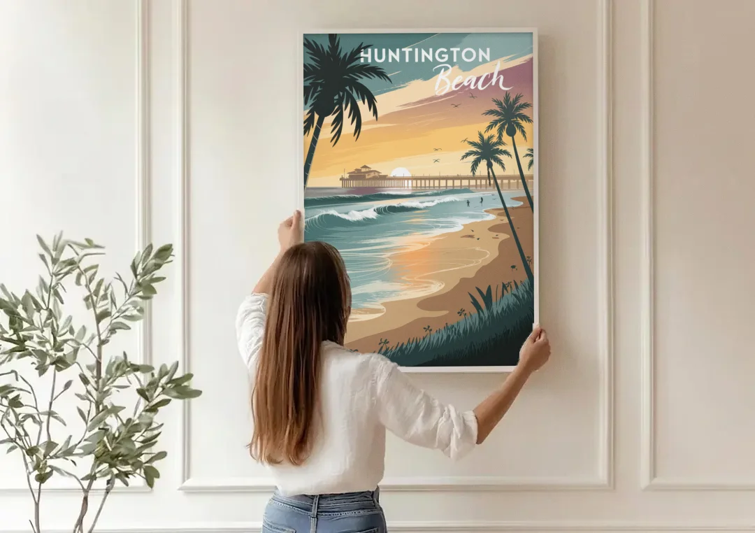 Huntington Beach Pacific Coast canvas wall art being hung on a paneled wall