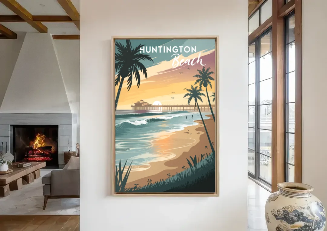 Huntington Beach Pacific Coast canvas wall art in a living room with a fireplace