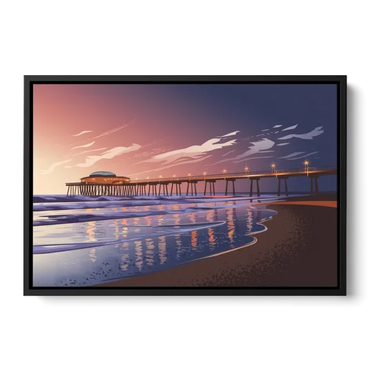 Huntington Beach Pier At Twilight - Black Framed Canvas Wall Art - Front