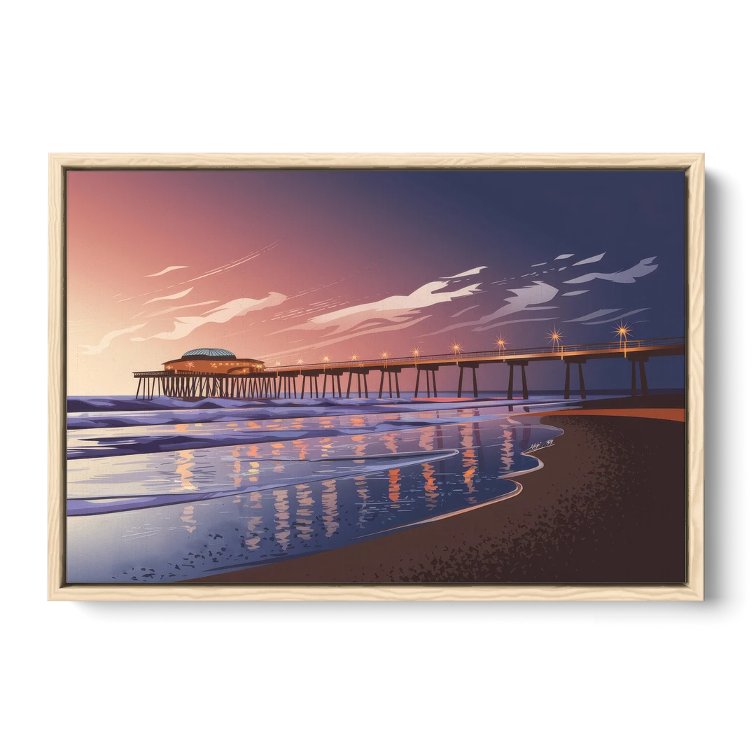 Huntington Beach Pier At Twilight - Oak Framed Canvas Wall Art - Front
