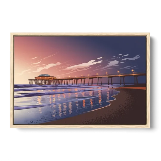 Huntington Beach Pier At Twilight - Oak Framed Canvas Wall Art - Front