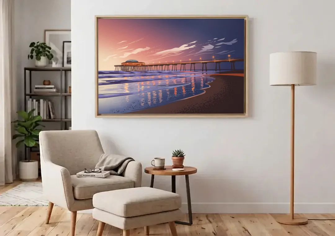 Huntington Beach Pier At Twilight canvas wall art above an armchair in a bright living room