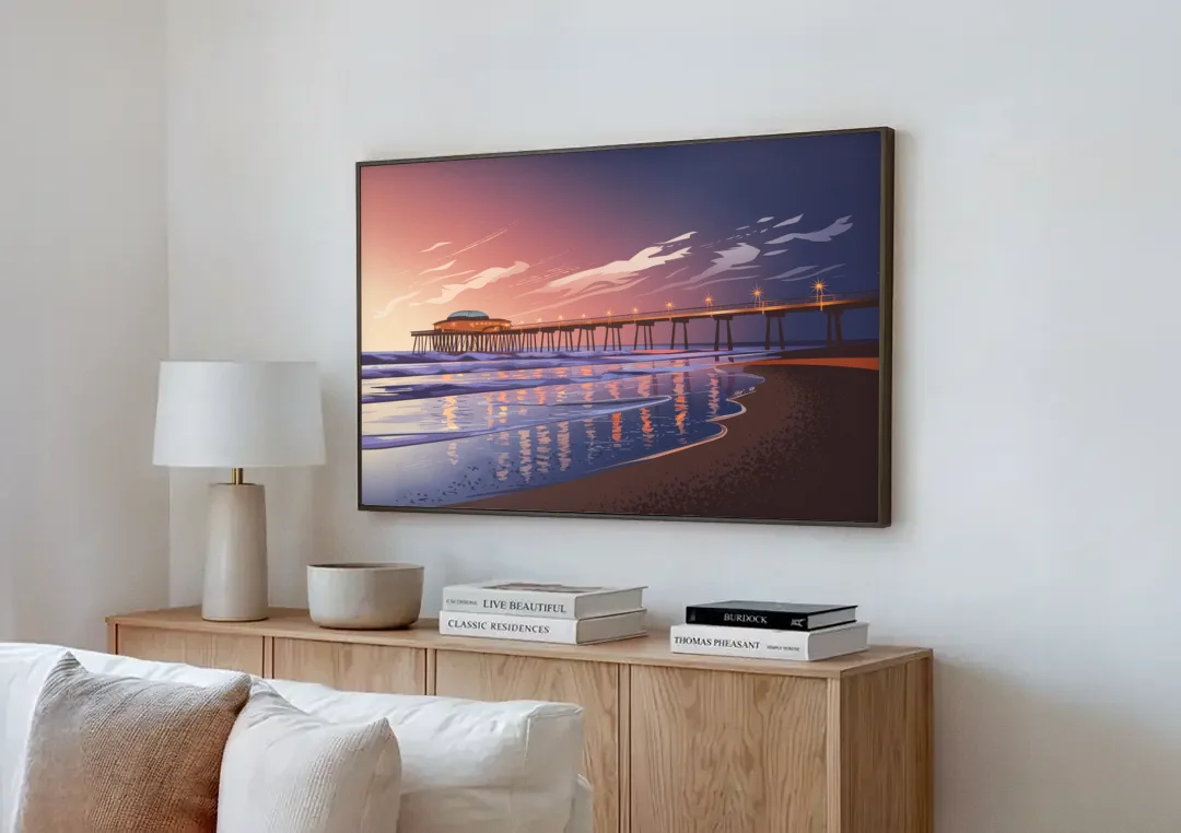 Huntington Beach Pier At Twilight canvas wall art above a wooden sideboard next to a sofa