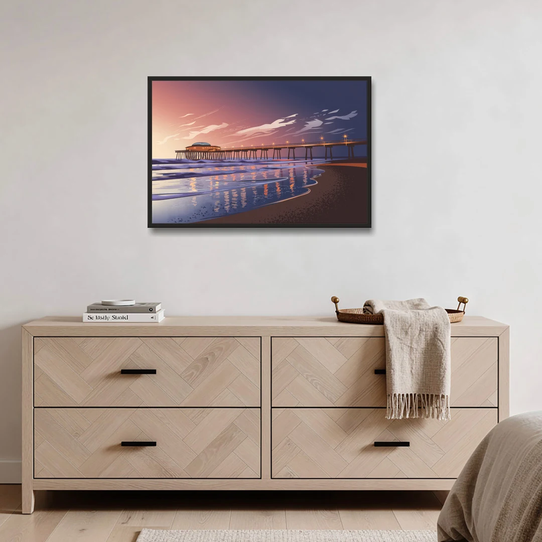 Huntington Beach Pier At Twilight - Black Framed Canvas Wall Art - Coffee Table - 36x24