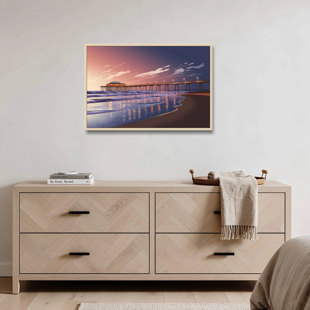 Huntington Beach Pier At Twilight - Oak Framed Canvas Wall Art - Coffee Table - 36x24