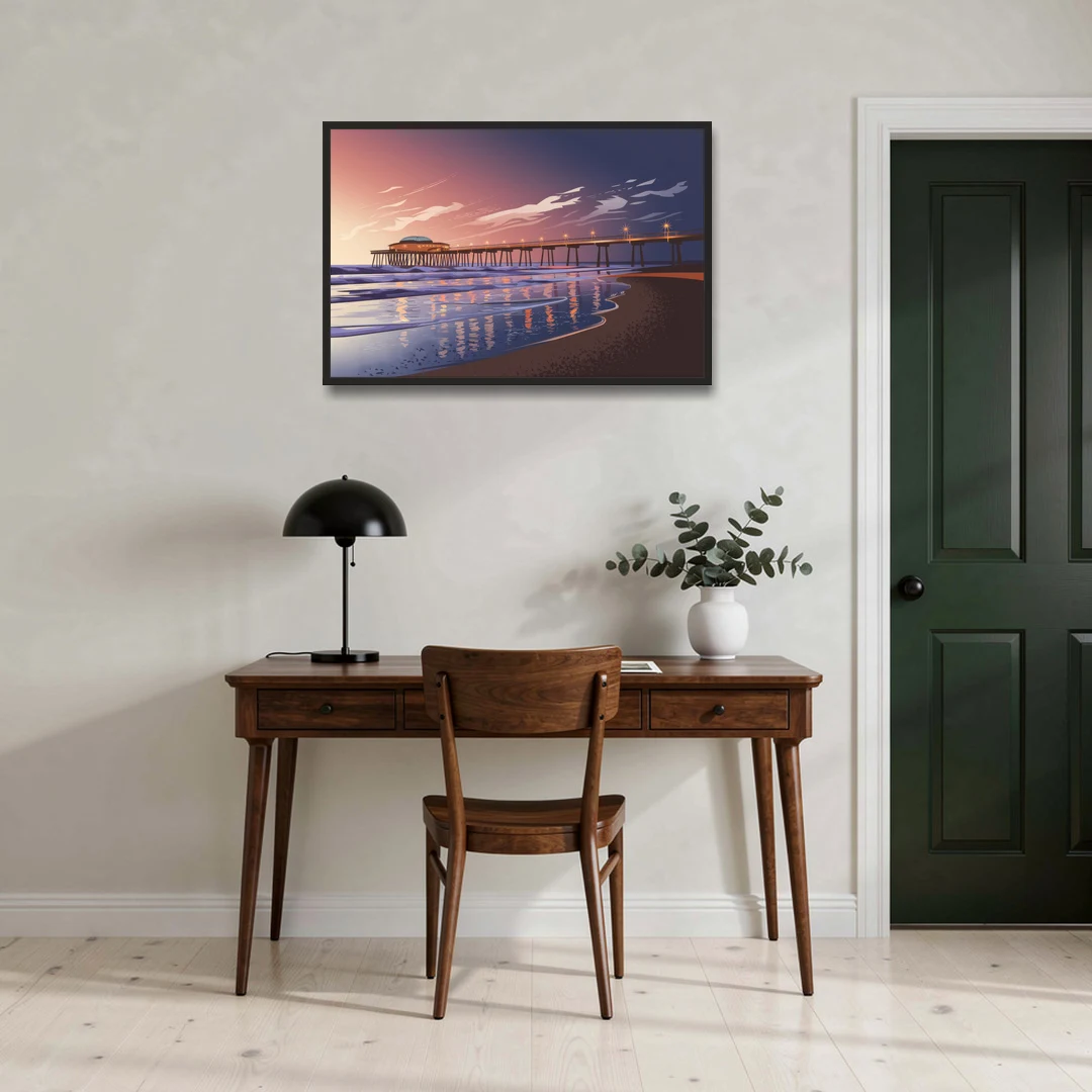 Huntington Beach Pier At Twilight - Black Framed Canvas Wall Art - Office - 36x24