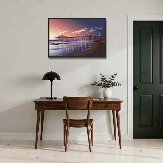 Huntington Beach Pier At Twilight - Black Framed Canvas Wall Art - Office - 36x24