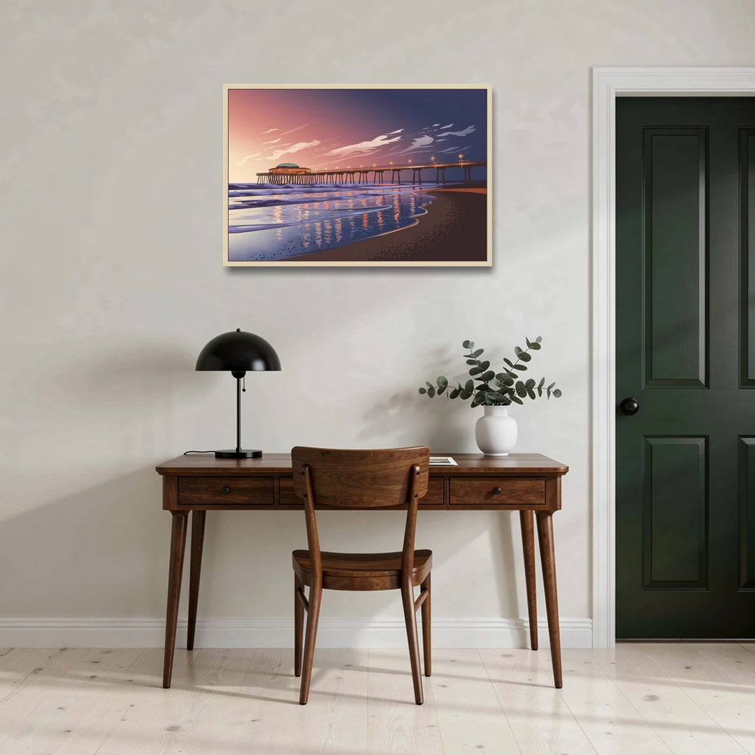 Huntington Beach Pier At Twilight - Oak Framed Canvas Wall Art - Office - 36x24