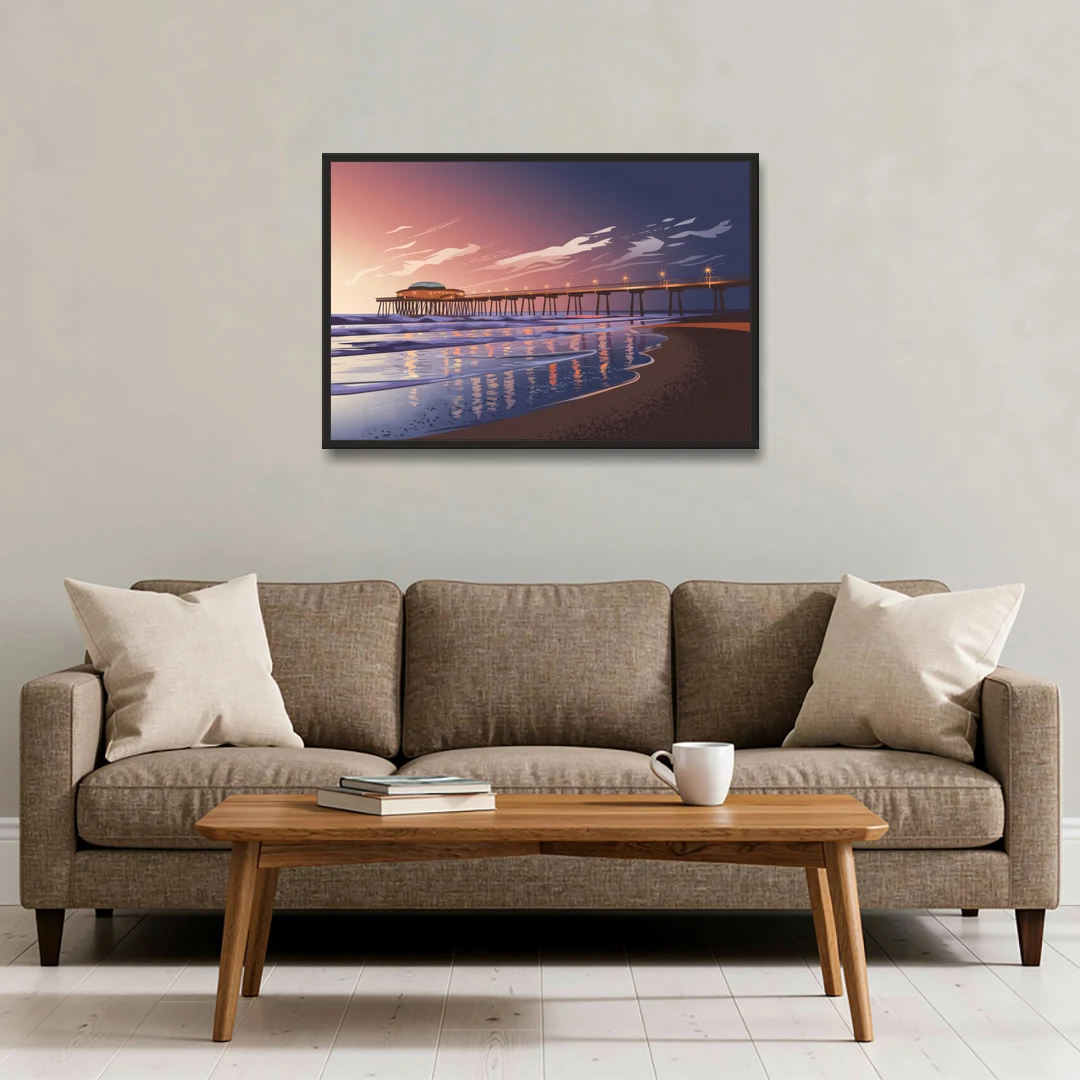 Huntington Beach Pier At Twilight - Black Framed Canvas Wall Art - Sofa - 36x24