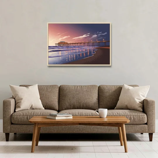 Huntington Beach Pier At Twilight - Oak Framed Canvas Wall Art - Sofa - 36x24