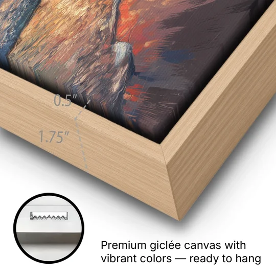 Huntington Beach Pier Sunset - Oak Framed Canvas Wall Art - Gallery Wrap Corner