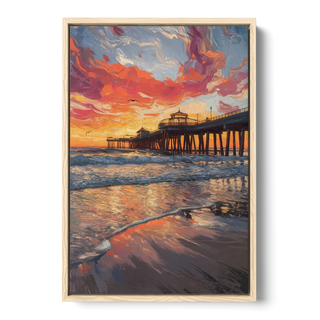 Huntington Beach Pier Sunset - Oak Framed Canvas Wall Art - Front