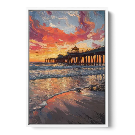 Huntington Beach Pier Sunset - White Framed Canvas Wall Art - Front