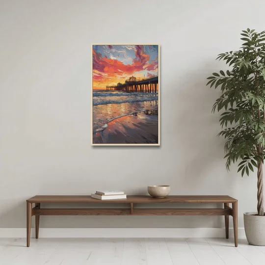 Huntington Beach Pier Sunset - Oak Framed Canvas Wall Art - Coffee Table - 24x36