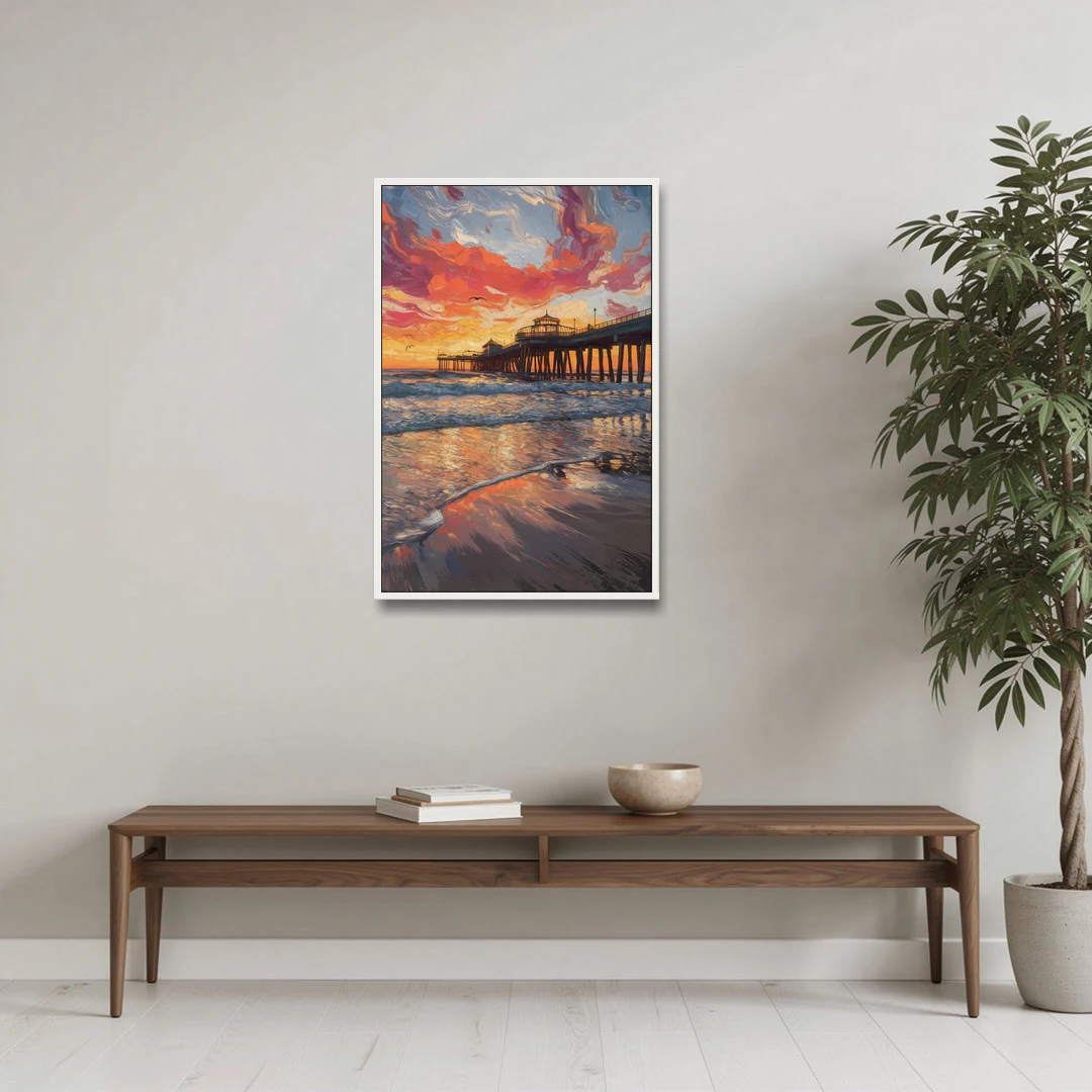 Huntington Beach Pier Sunset - White Framed Canvas Wall Art - Coffee Table - 24x36