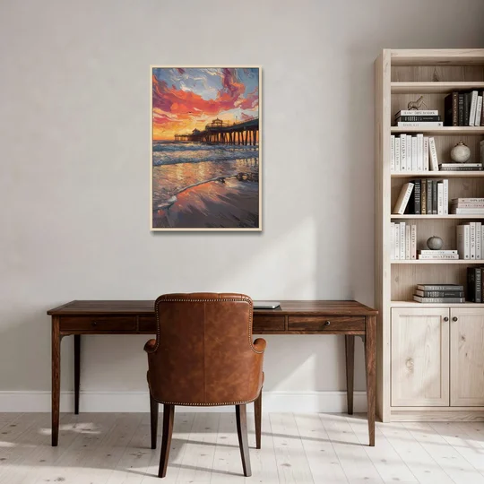 Huntington Beach Pier Sunset - Oak Framed Canvas Wall Art - Office - 24x36