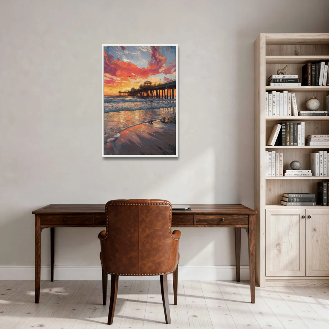 Huntington Beach Pier Sunset - White Framed Canvas Wall Art - Office - 24x36