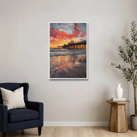 Huntington Beach Pier Sunset - White Framed Canvas Wall Art - Sofa - 24x36