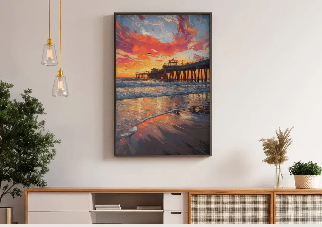 Huntington Beach Pier Sunset canvas wall art above a wooden sideboard under pendant lights