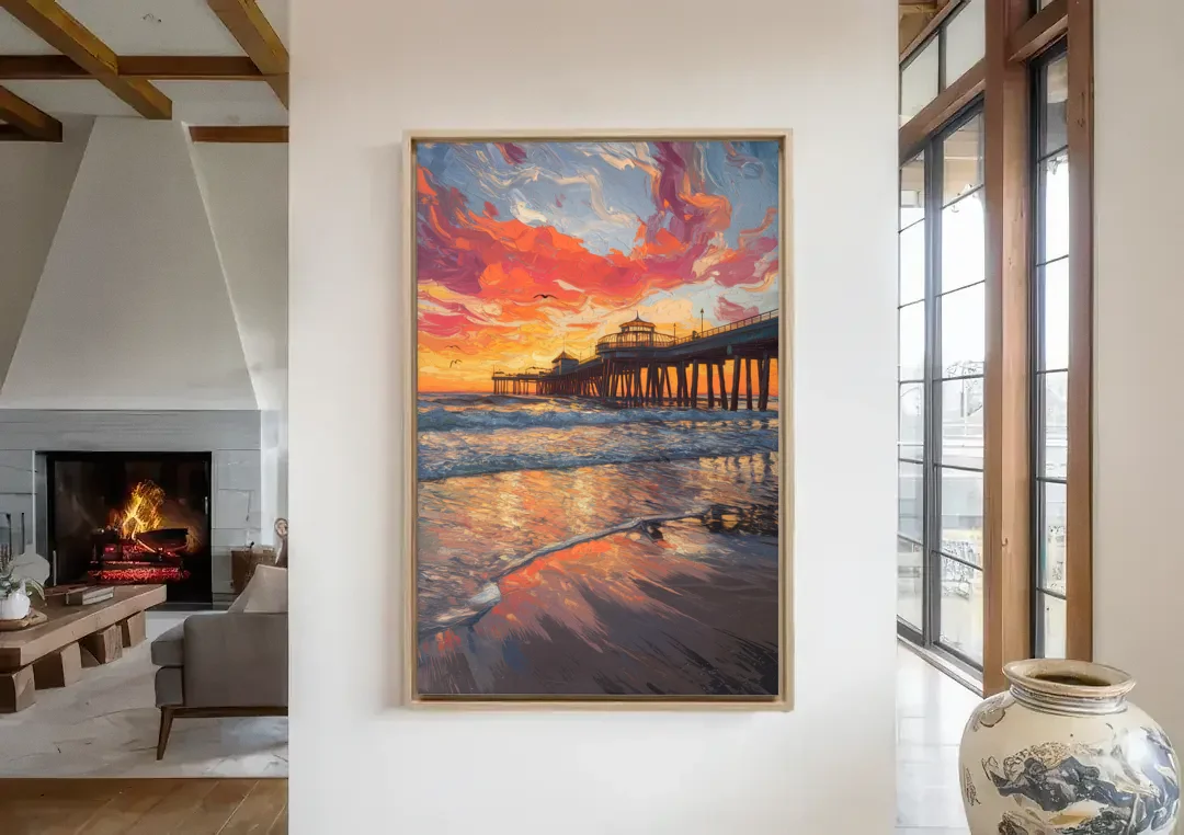 Huntington Beach Pier Sunset canvas wall art in a living room with a fireplace