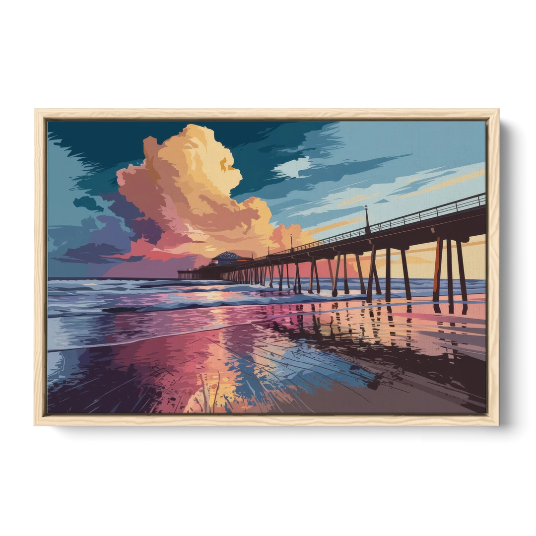 Huntington Beach Sunrise Views - Oak Framed Canvas Wall Art - Front