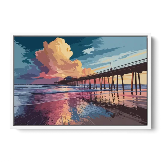 Huntington Beach Sunrise Views - White Framed Canvas Wall Art - Front